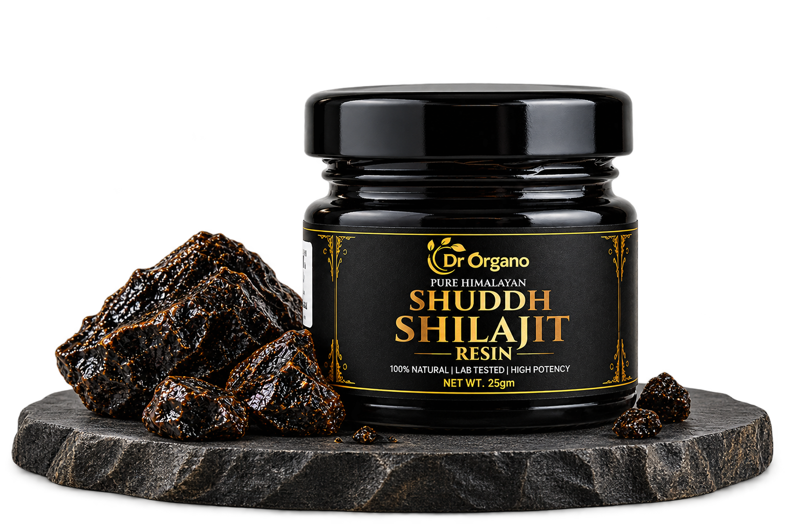 ALT Text: Dr Organo Pure Himalayan Shuddh Shilajit Resin 25g jar with raw shilajit chunks displayed on a rugged dark stone base, featuring a black and gold label and a transparent background.